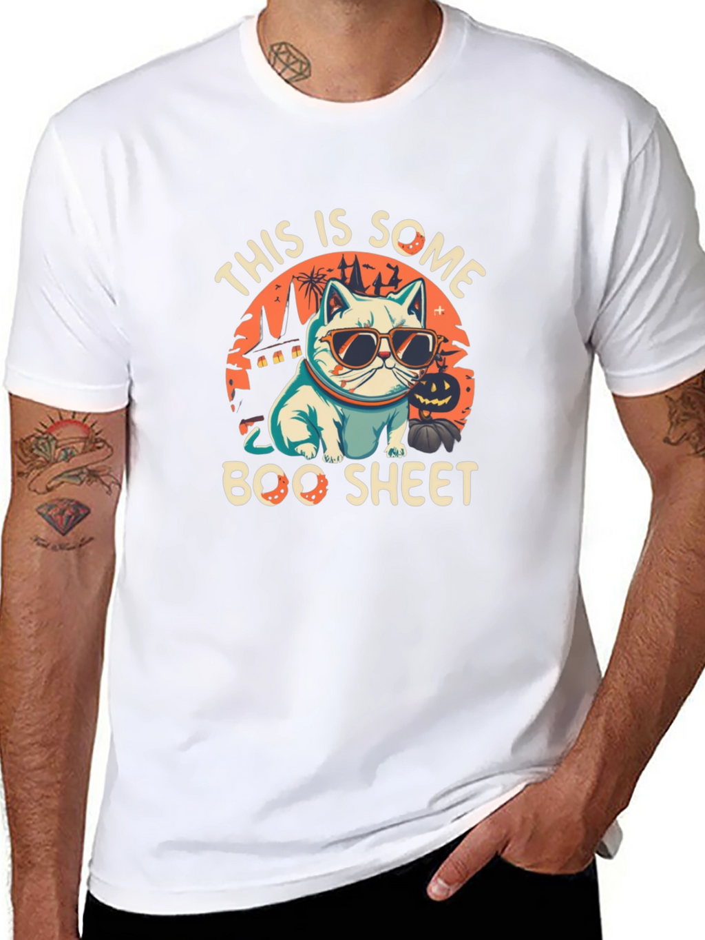 Boo Sheet Halloween T-Shirt - Cat with Sunglasses