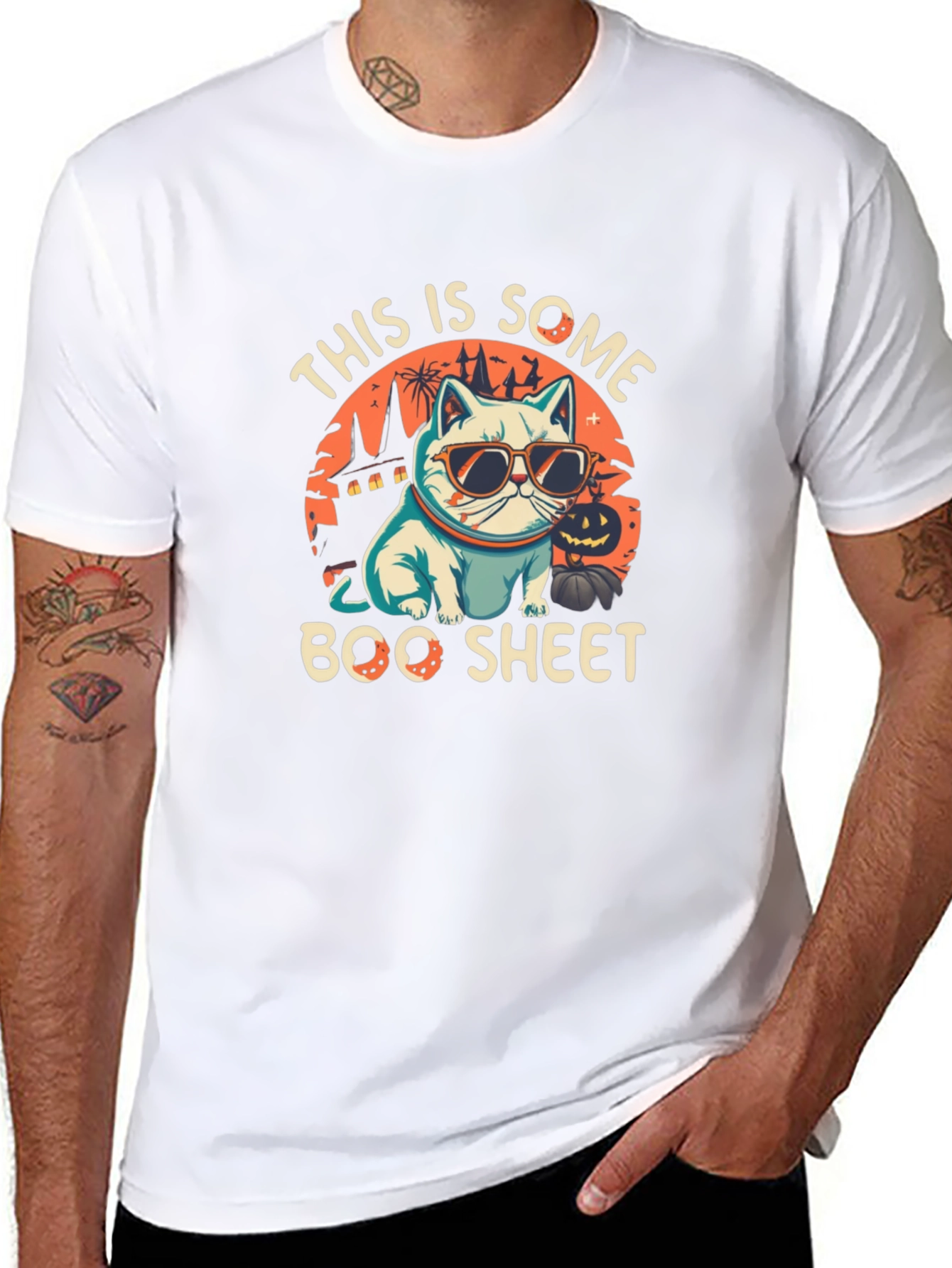 Boo Sheet Halloween T-Shirt - Cat with Sunglasses