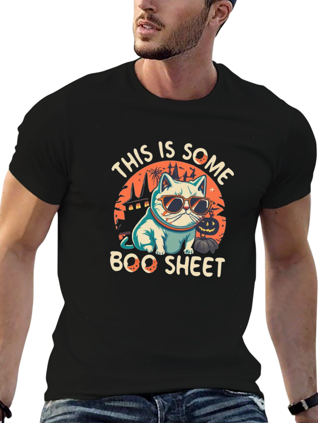 Boo Sheet Halloween T-Shirt - Cat with Sunglasses