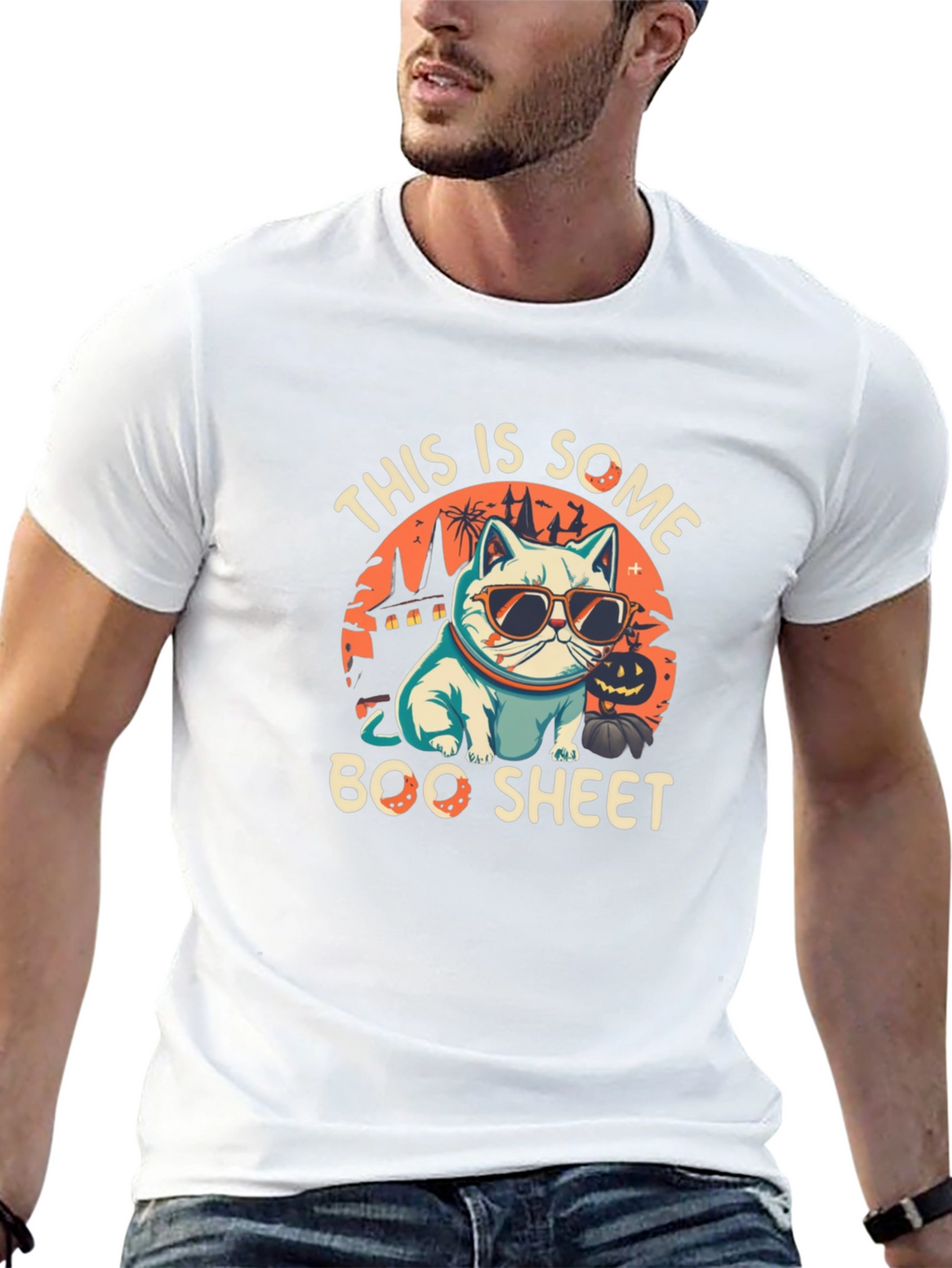 Boo Sheet Halloween T-Shirt - Cat with Sunglasses