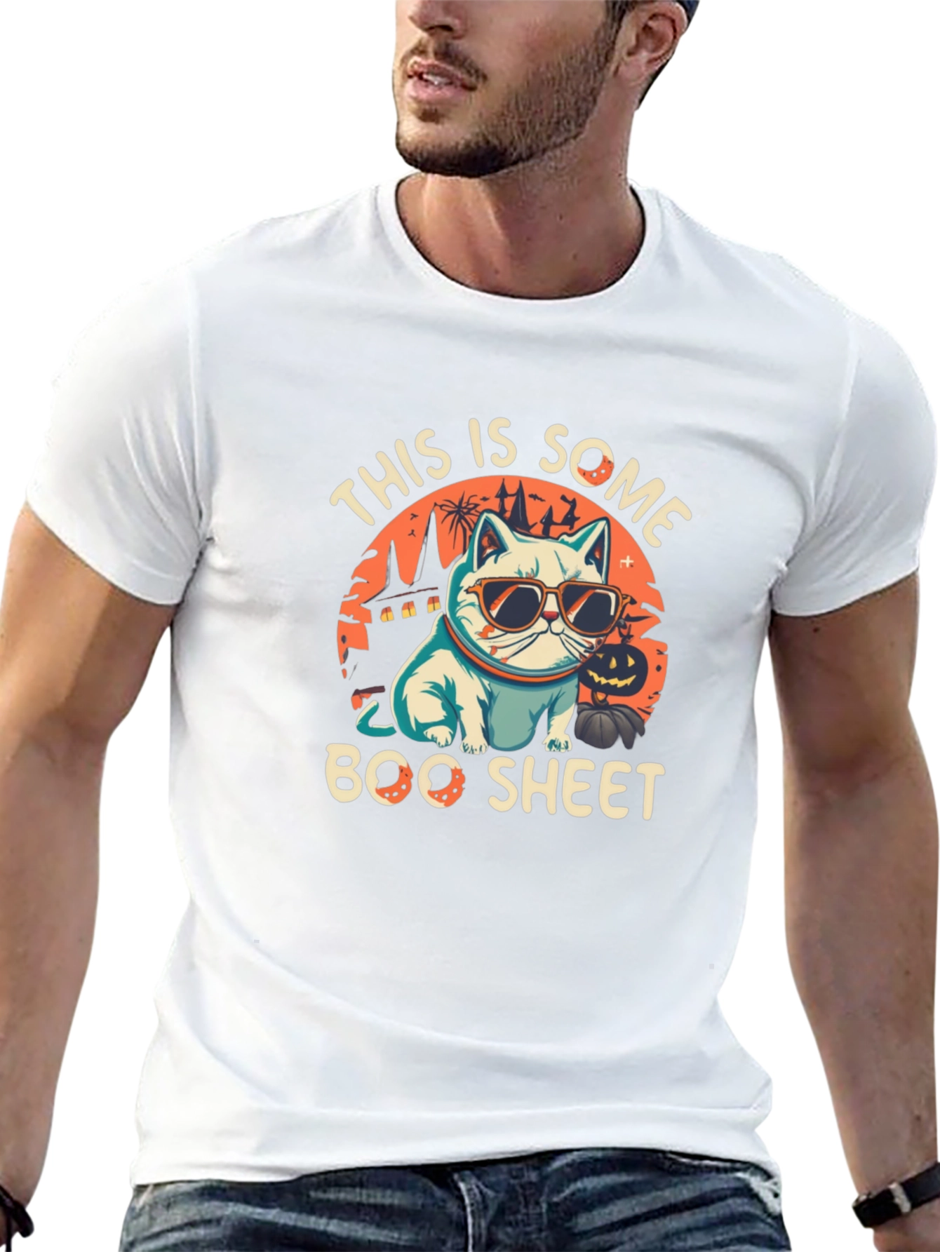 Boo Sheet Halloween T-Shirt - Cat with Sunglasses
