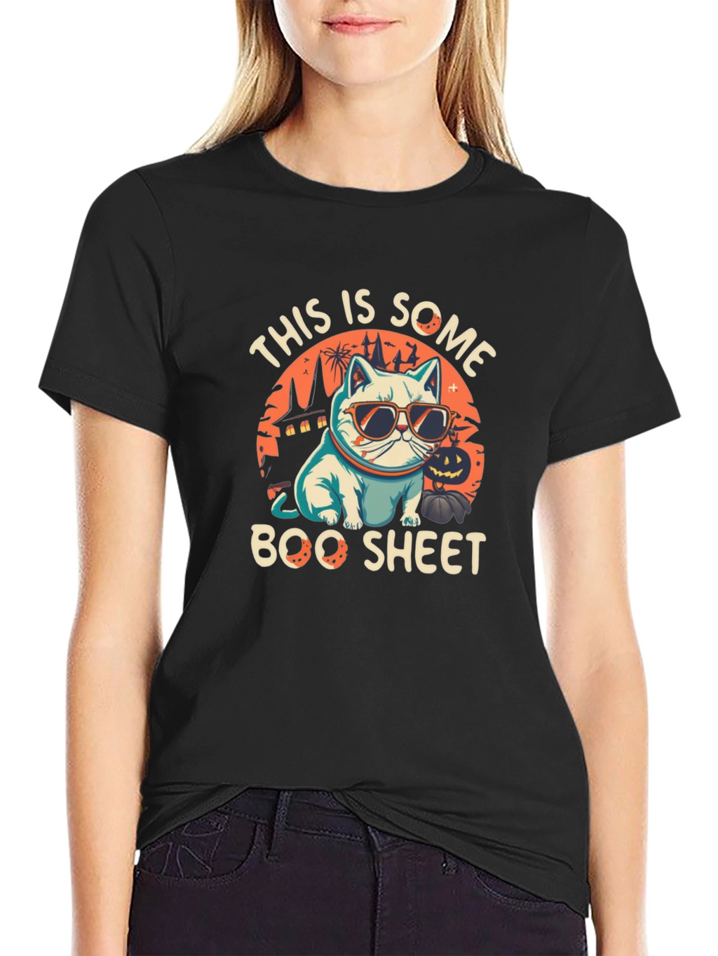 Boo Sheet Halloween T-Shirt - Cat with Sunglasses
