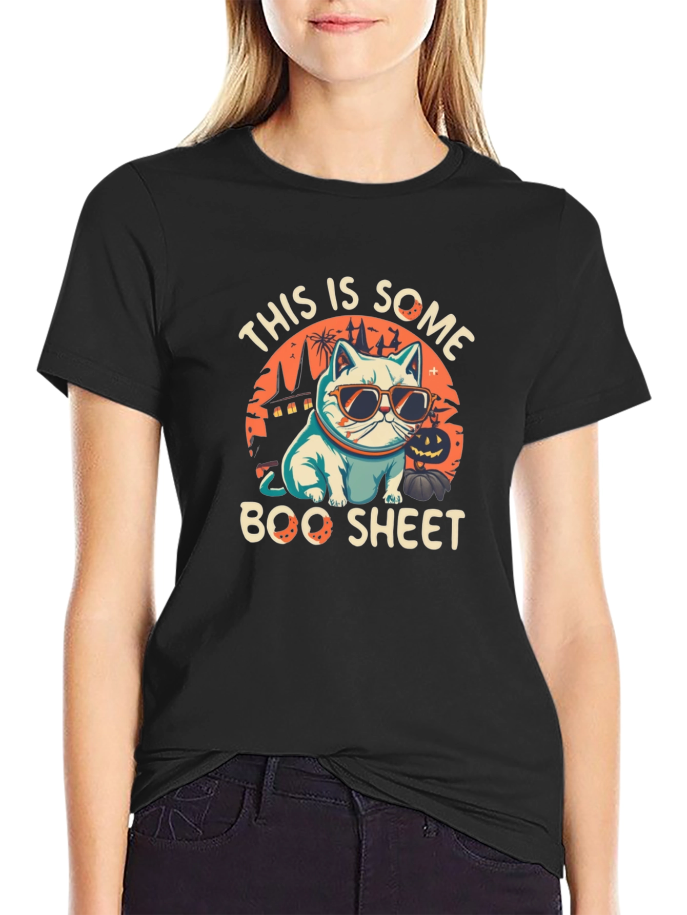 Boo Sheet Halloween T-Shirt - Cat with Sunglasses