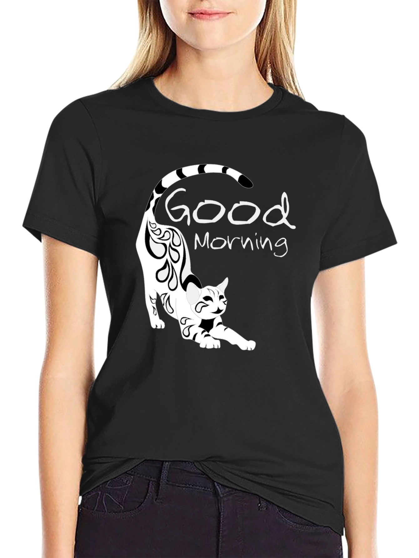 Good Morning Cat Black T-Shirt