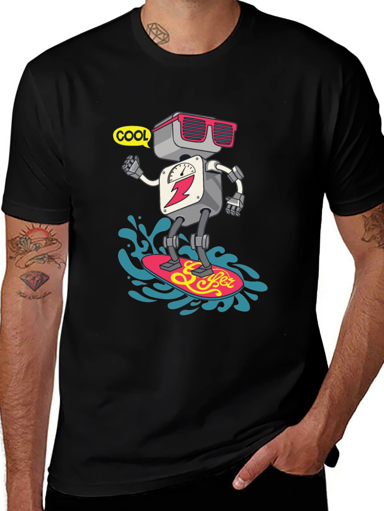 Cool Robot Surfing T-Shirt - Black