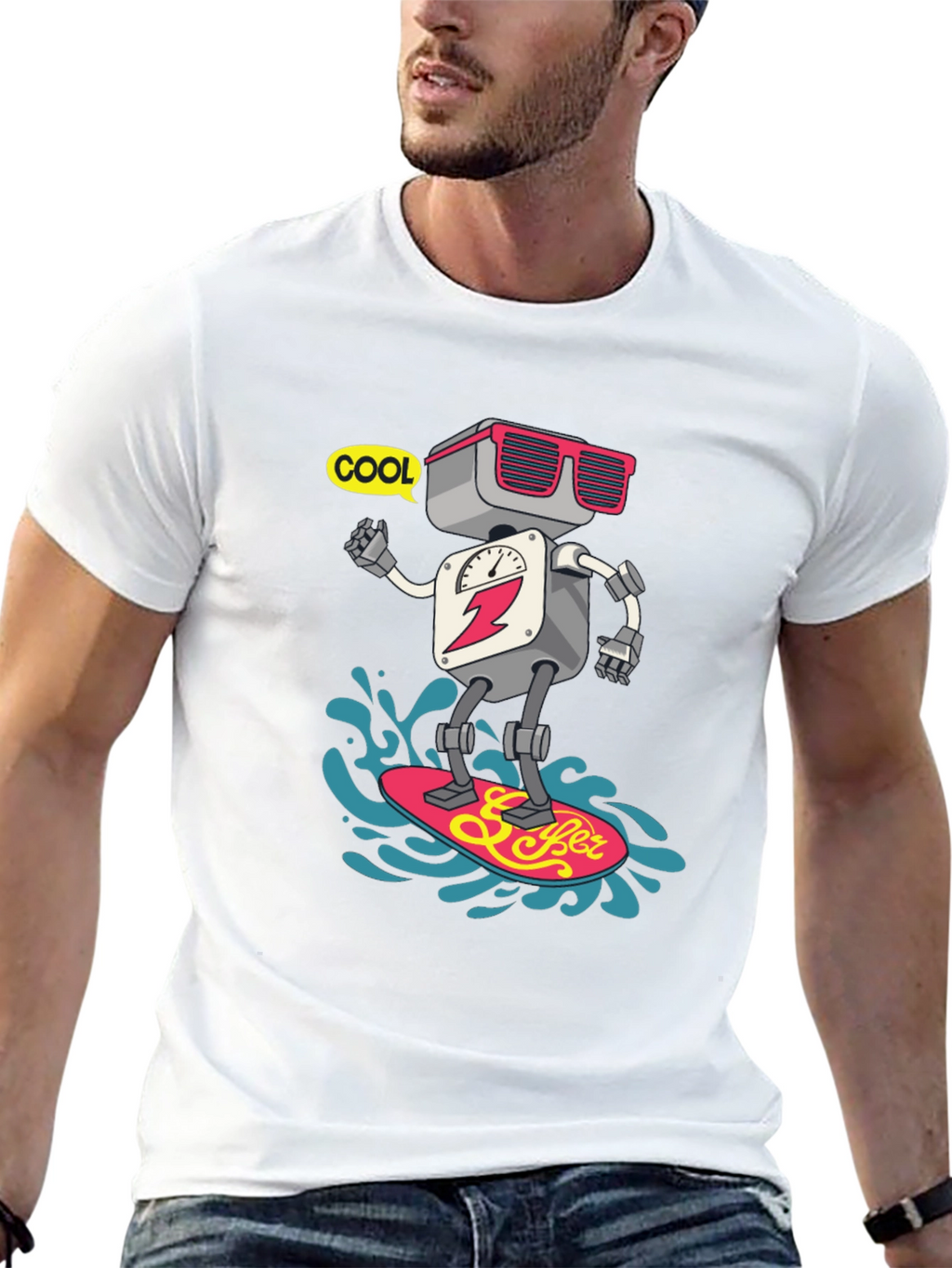 Cool Robot Surfing T-Shirt - Black