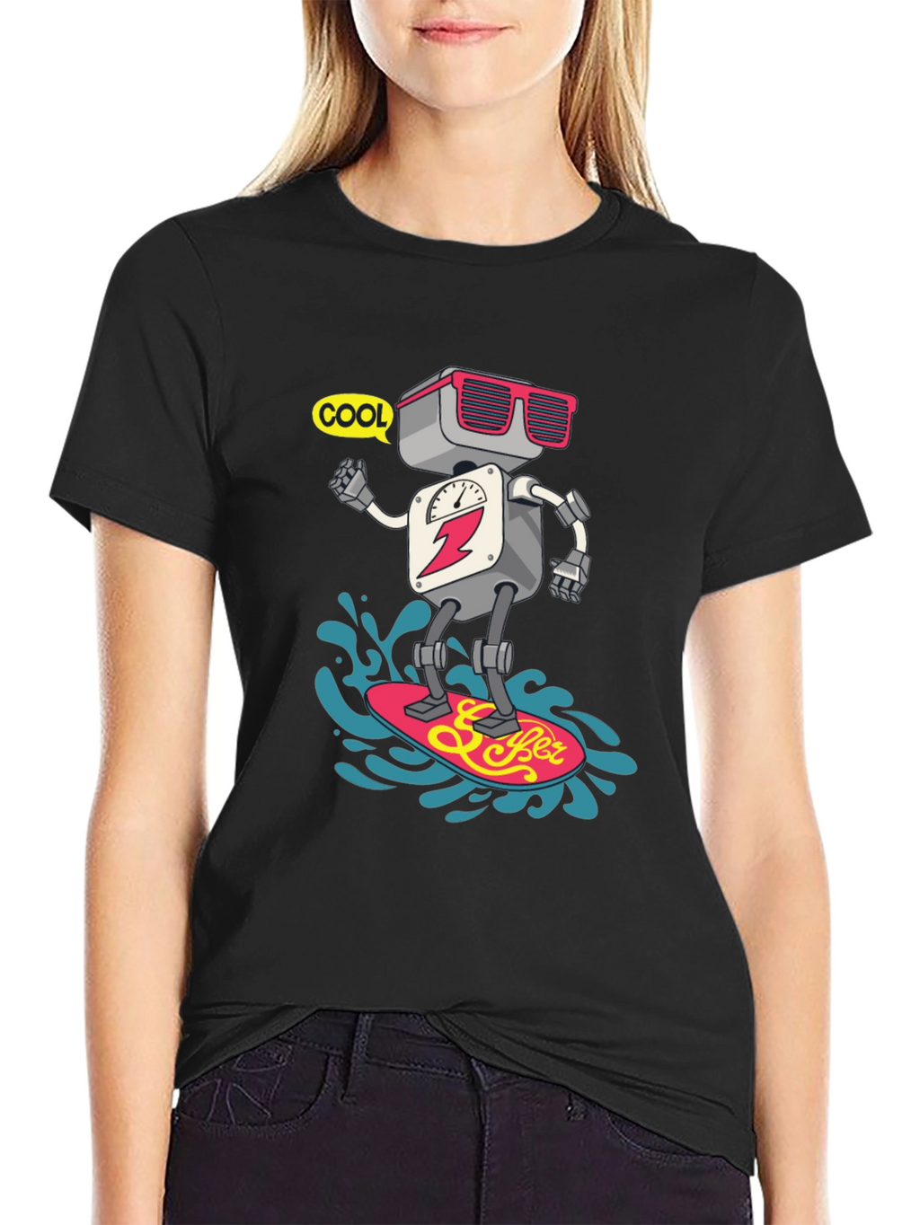 Cool Robot Surfing T-Shirt - Black
