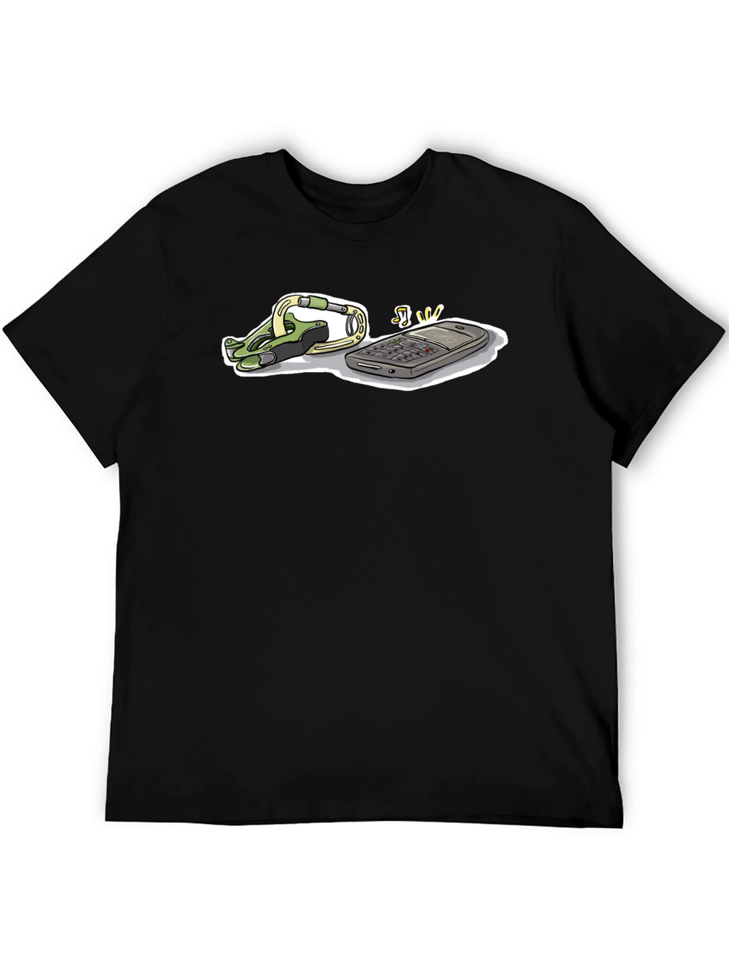 Novelty Black T-Shirt with Phone and Carabiner Graphic