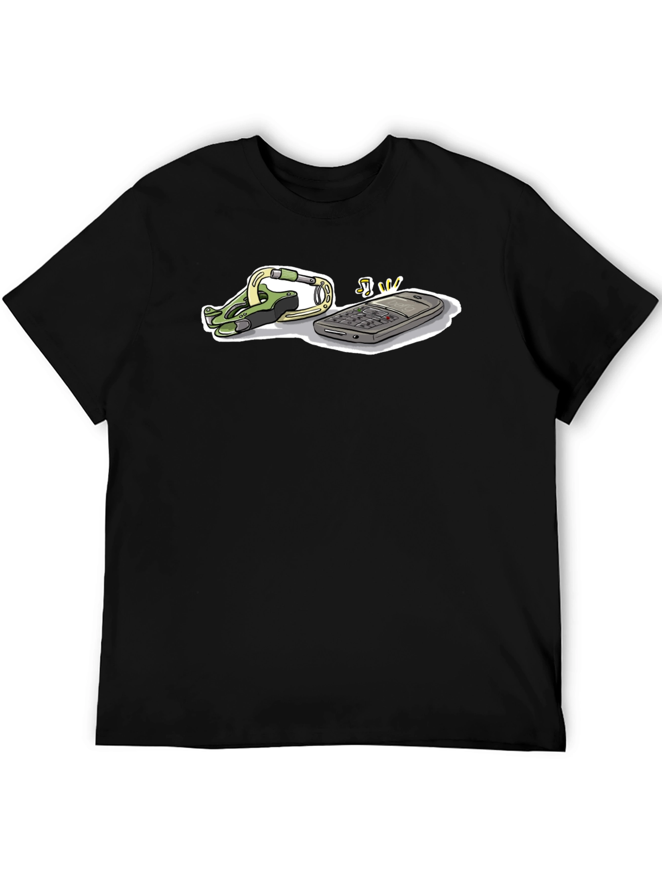 Novelty Black T-Shirt with Phone and Carabiner Graphic