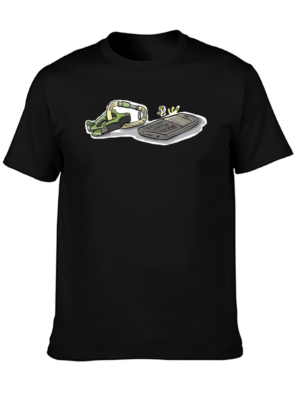 Novelty Black T-Shirt with Phone and Carabiner Graphic