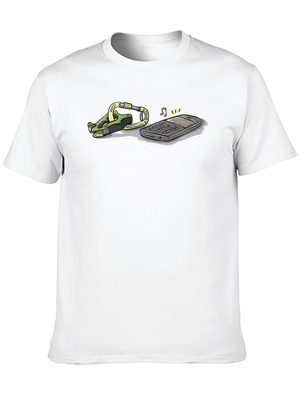 Novelty Black T-Shirt with Phone and Carabiner Graphic