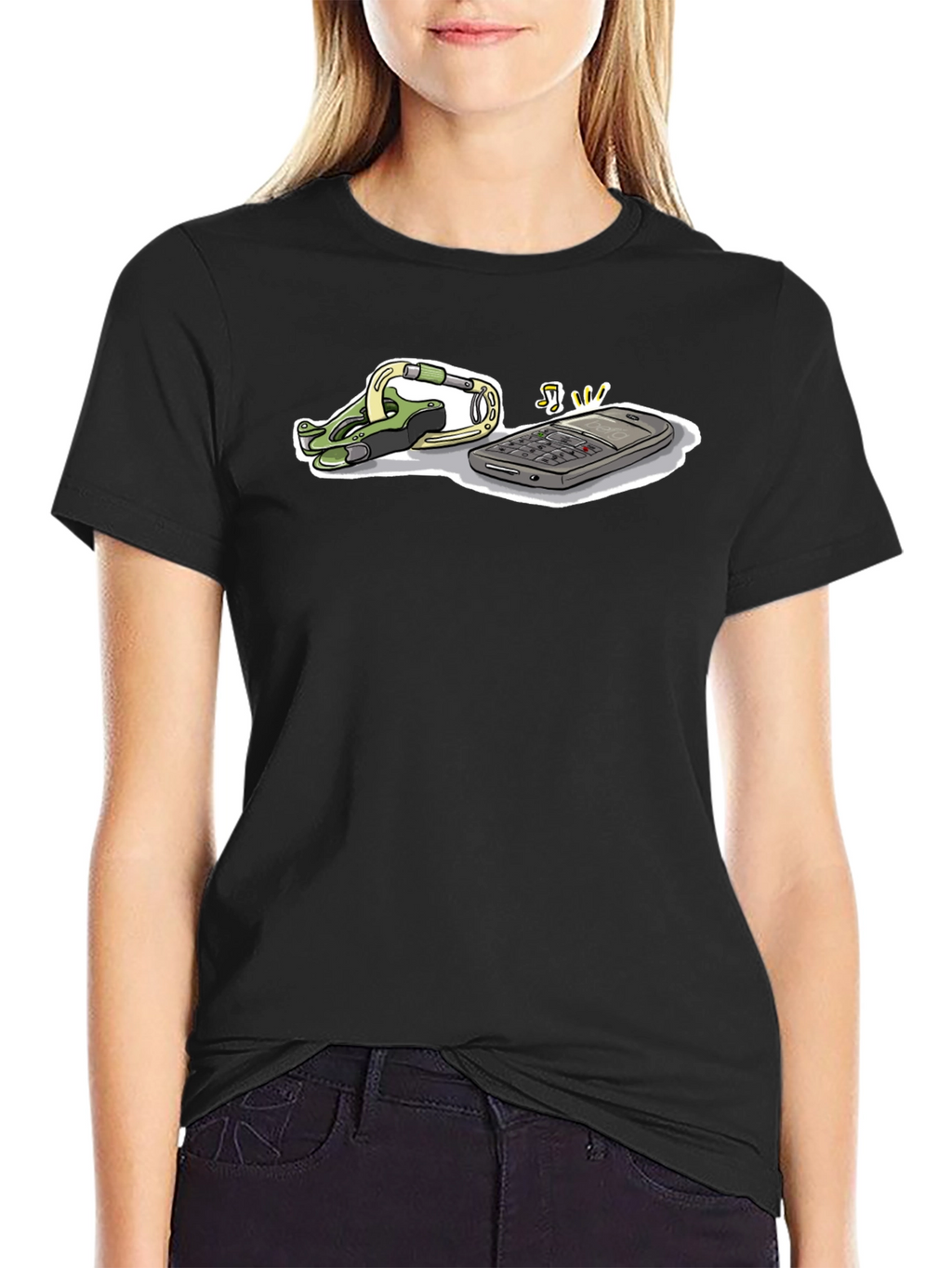 Novelty Black T-Shirt with Phone and Carabiner Graphic