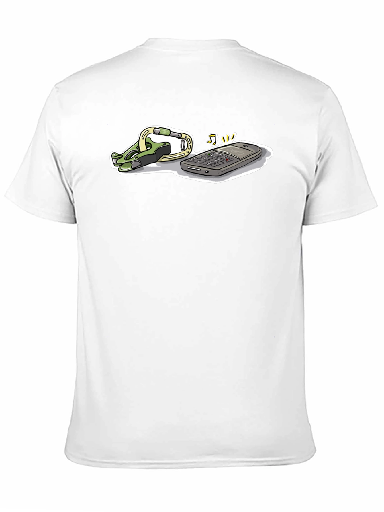 Novelty Black T-Shirt with Phone and Carabiner Graphic