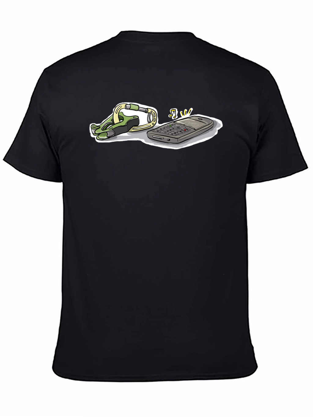 Novelty Black T-Shirt with Phone and Carabiner Graphic