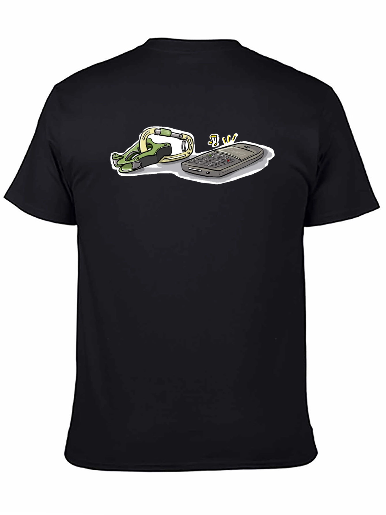 Novelty Black T-Shirt with Phone and Carabiner Graphic