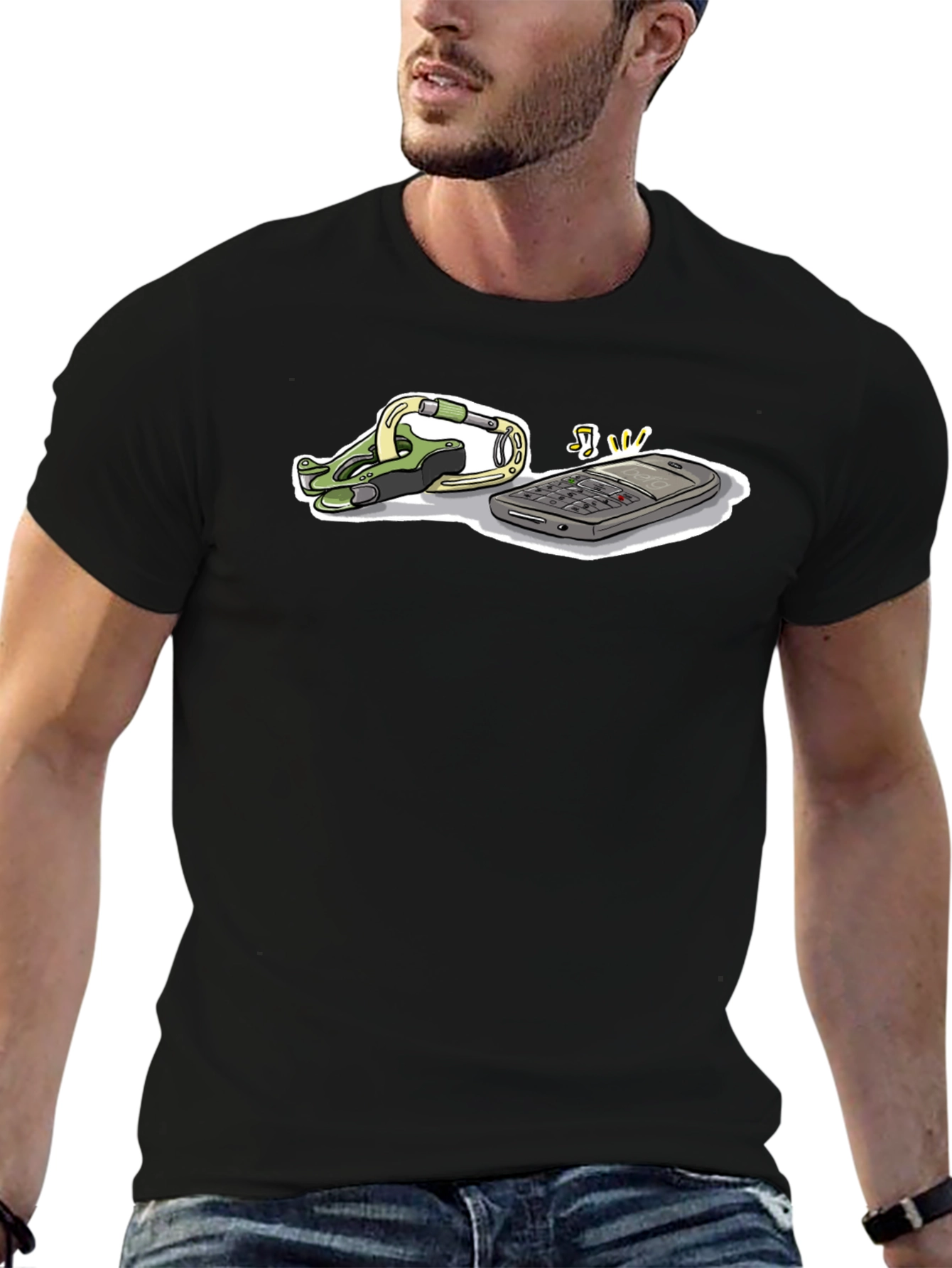 Novelty Black T-Shirt with Phone and Carabiner Graphic