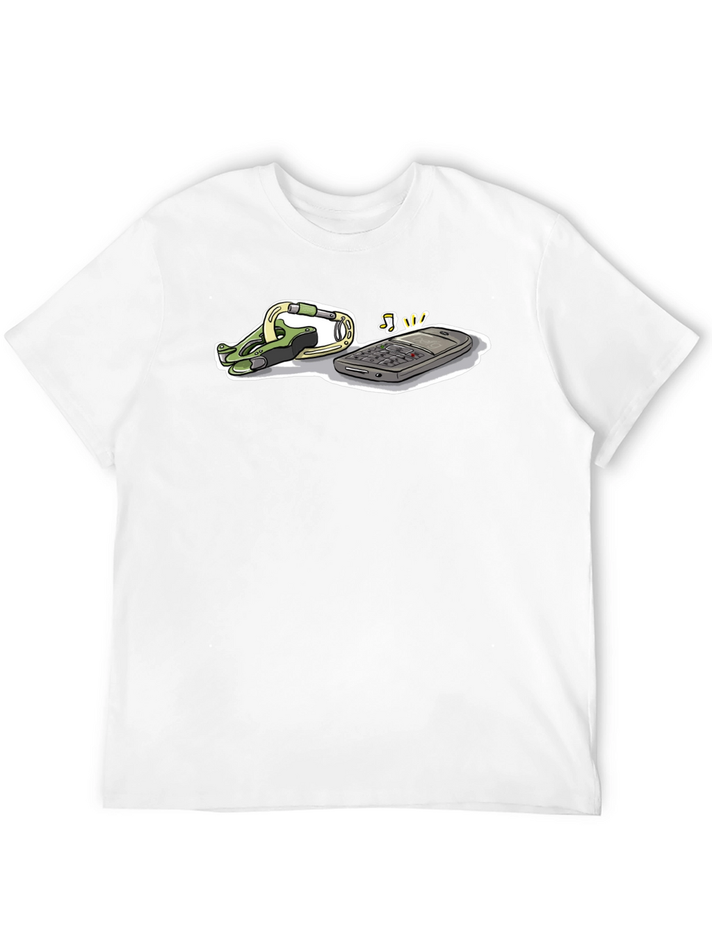 Novelty Black T-Shirt with Phone and Carabiner Graphic
