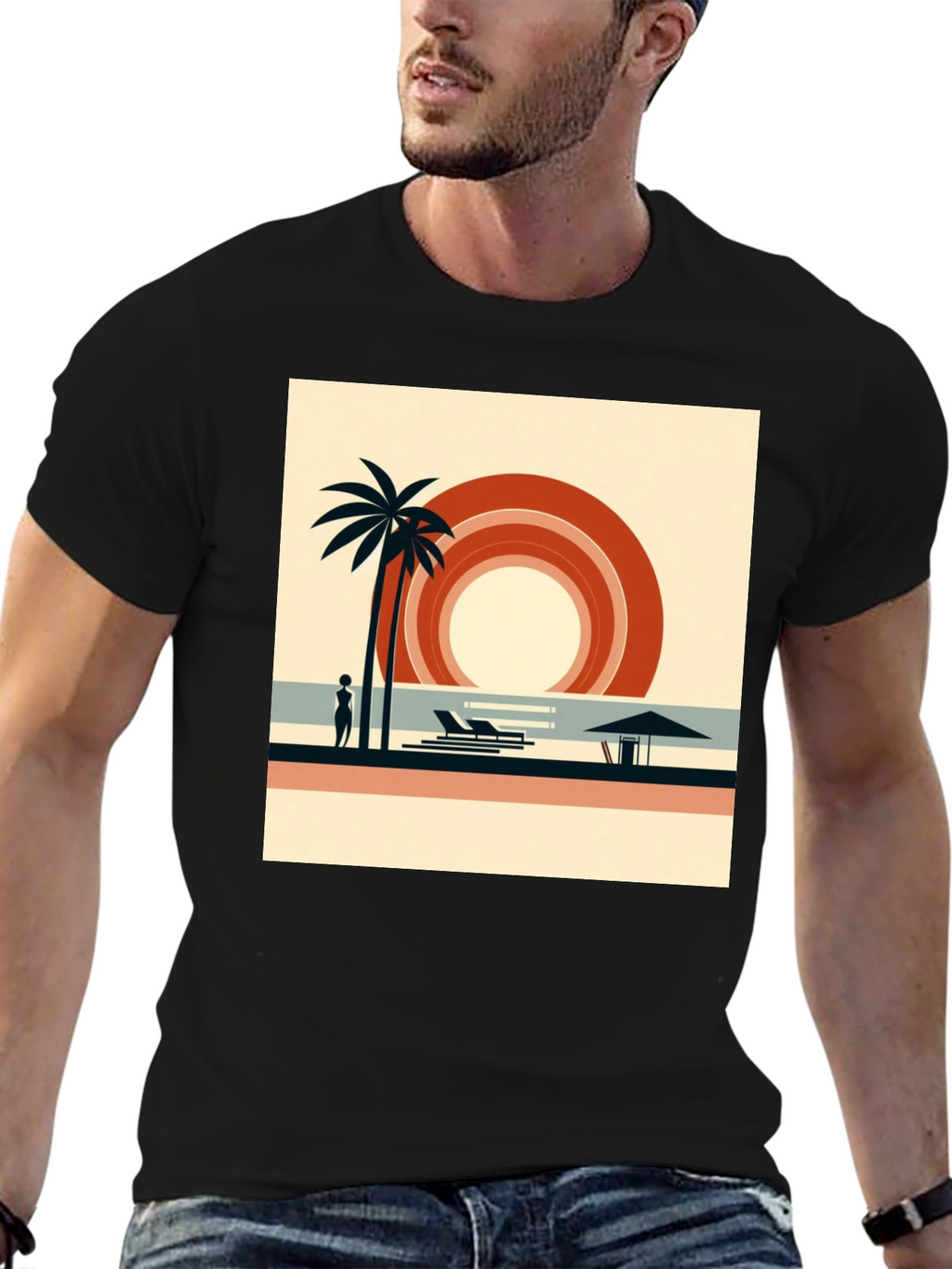 Retro Beach Scene Graphic Tee - Black Cotton Shirt