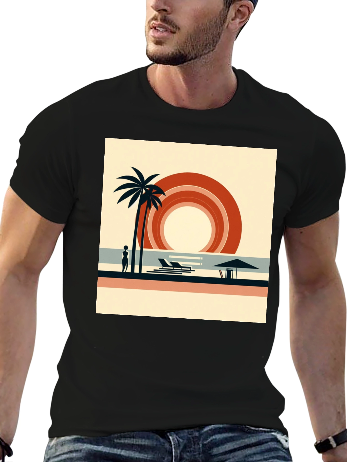 Retro Beach Scene Graphic Tee - Black Cotton Shirt