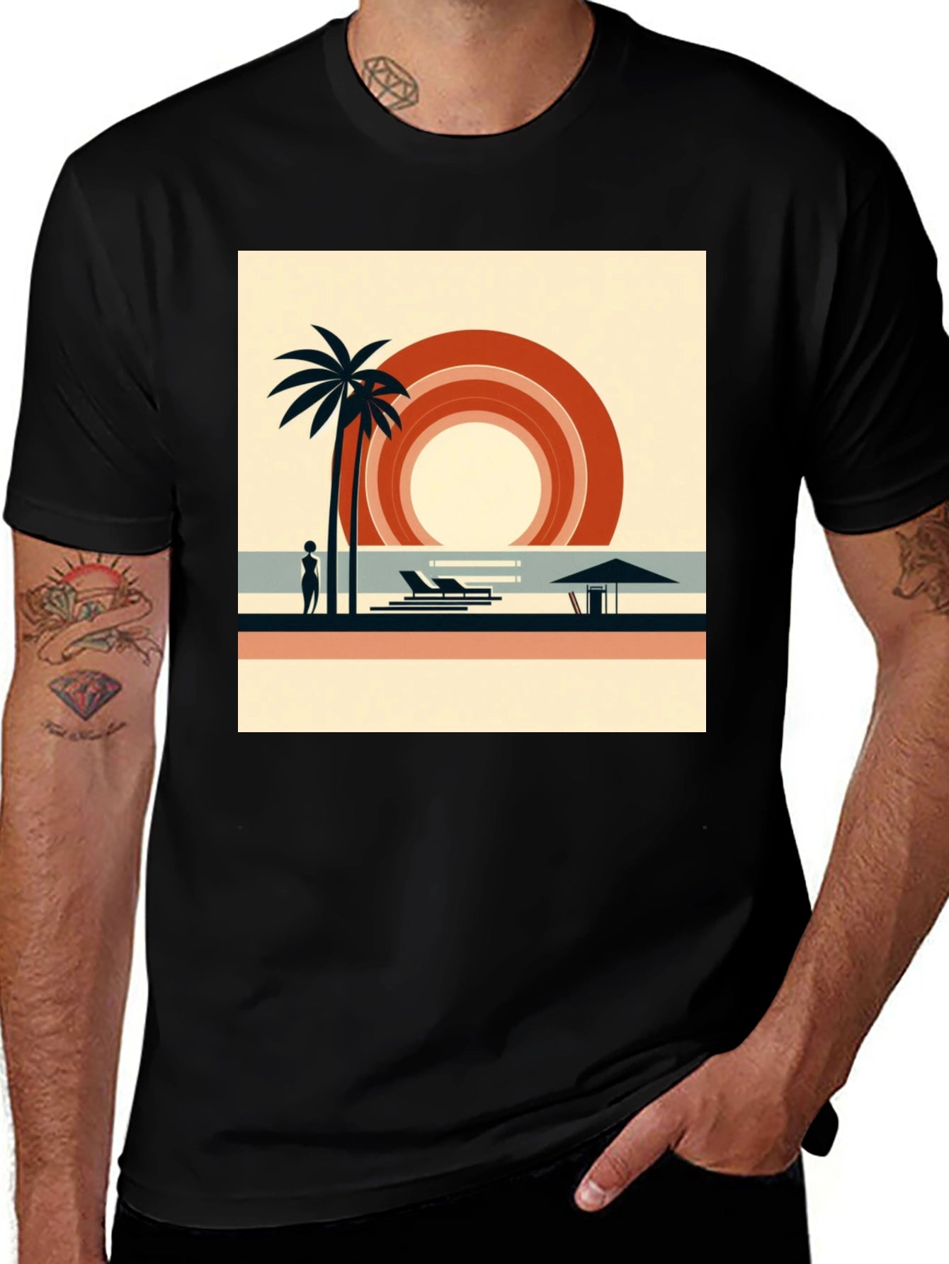 Retro Beach Scene Graphic Tee - Black Cotton Shirt