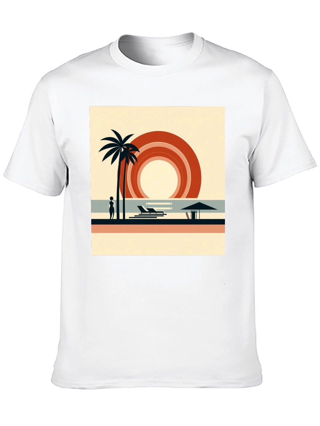 Retro Beach Scene Graphic Tee - Black Cotton Shirt