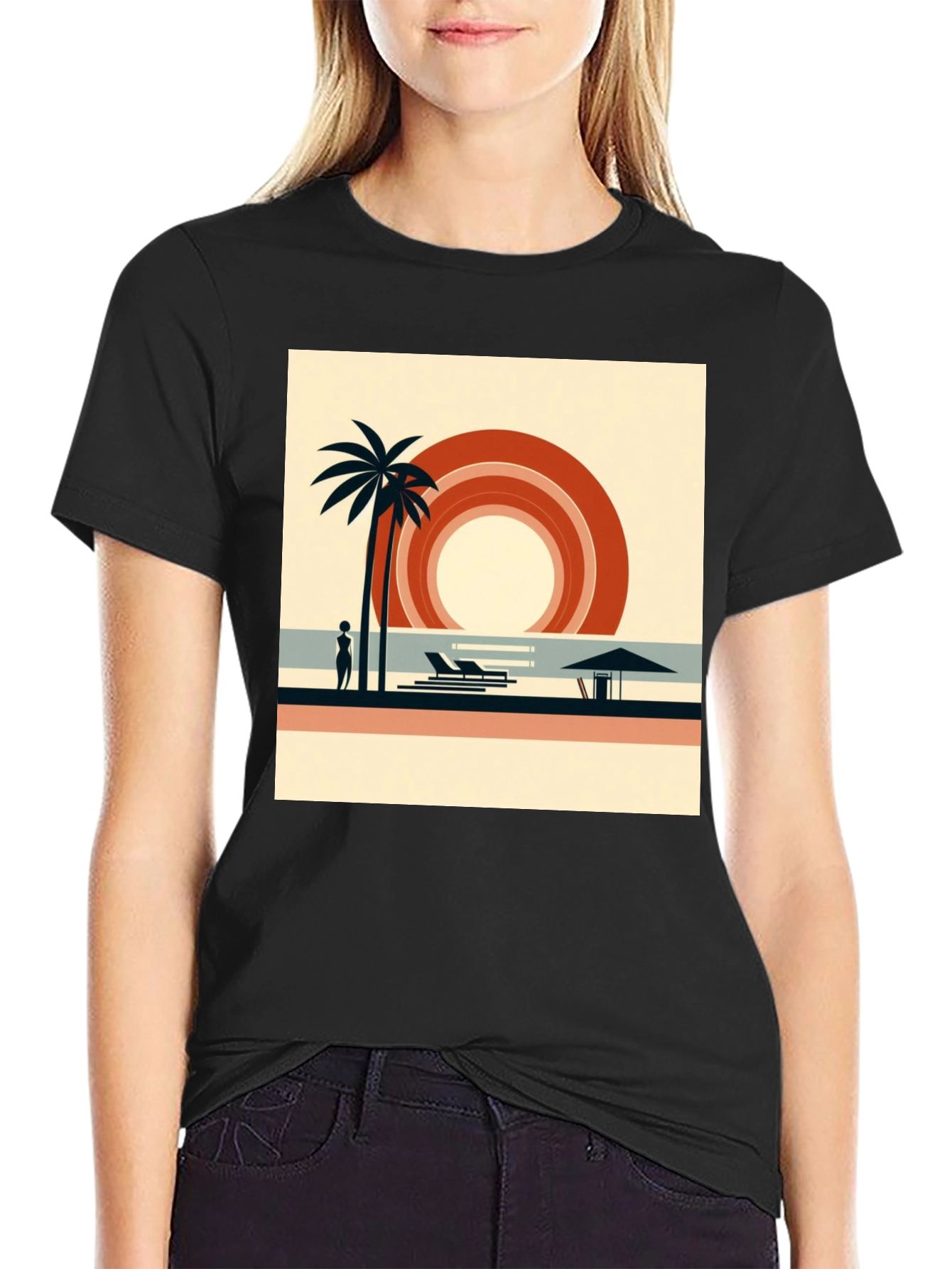 Retro Beach Scene Graphic Tee - Black Cotton Shirt