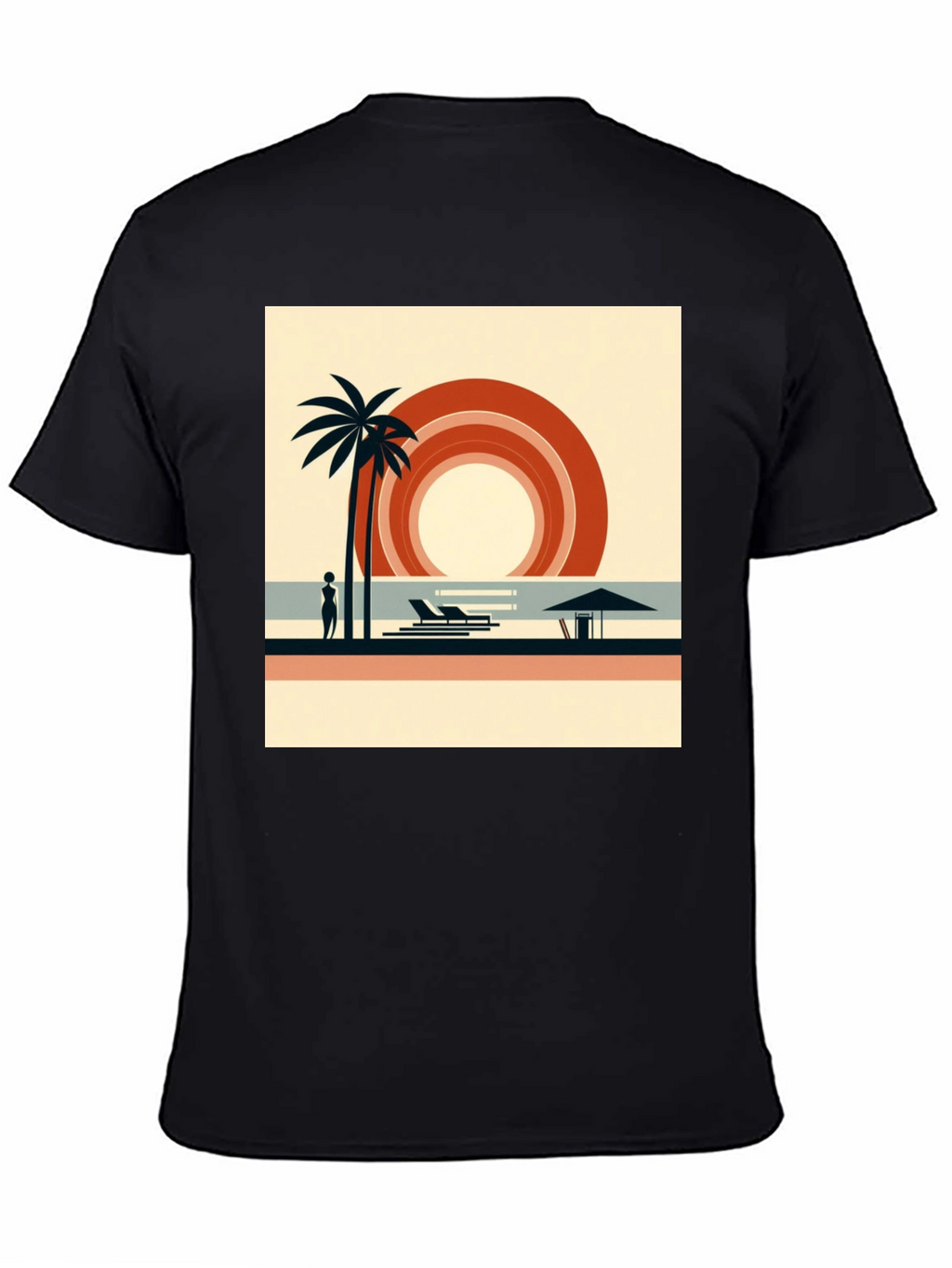 Retro Beach Scene Graphic Tee - Black Cotton Shirt