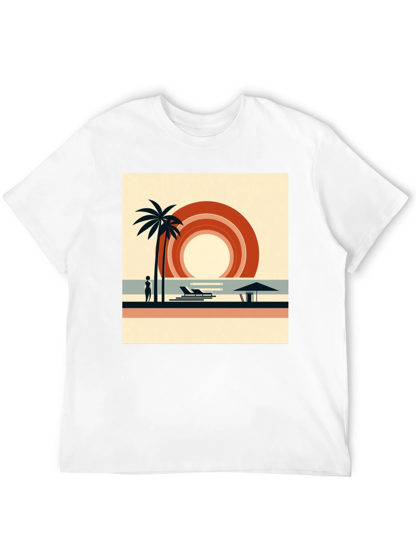 Retro Beach Scene Graphic Tee - Black Cotton Shirt