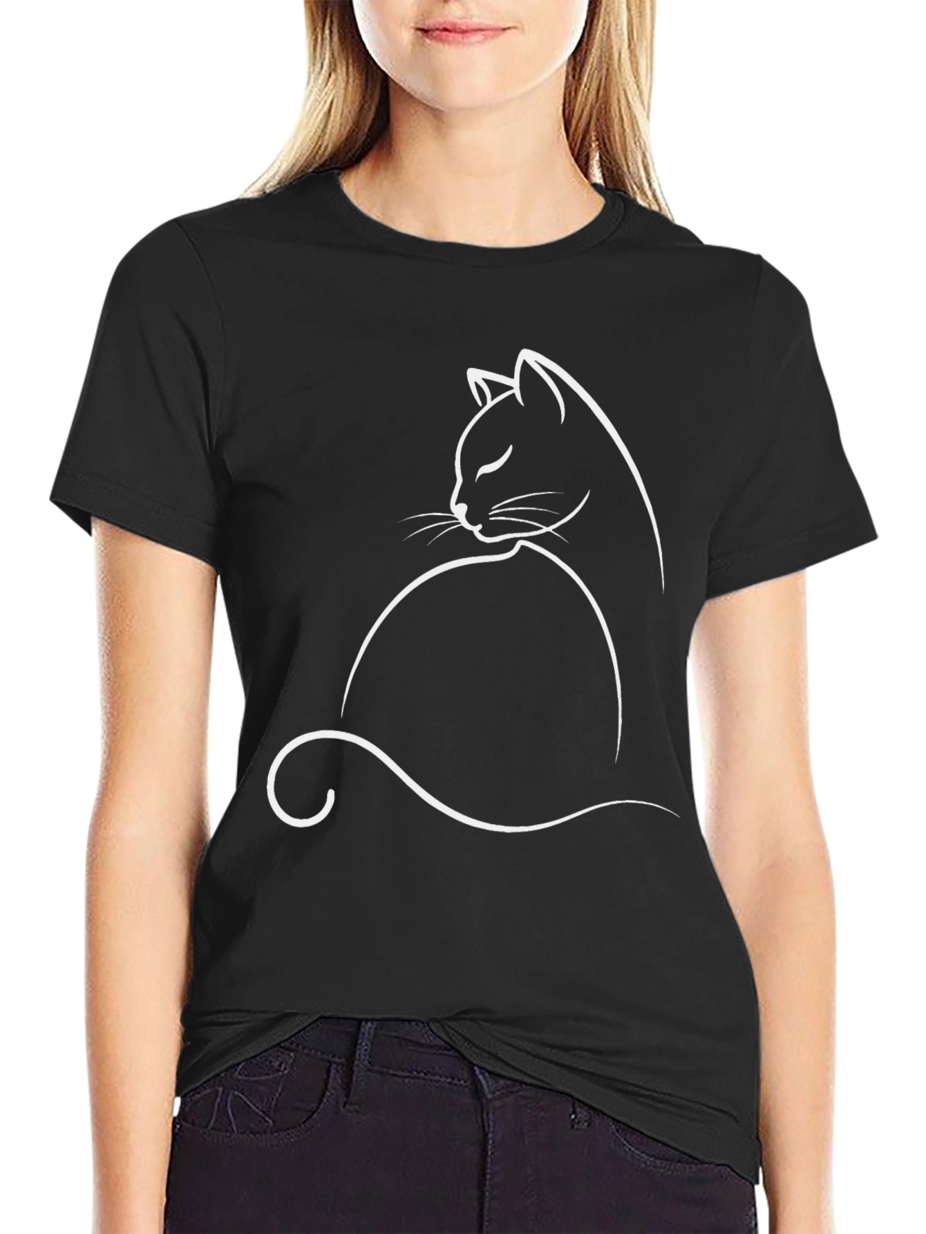 Minimalist Cat Silhouette Graphic Tee - Black Cotton Comfort