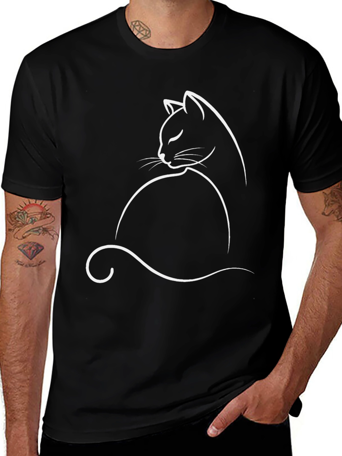 Minimalist Cat Silhouette Graphic Tee - Black Cotton Comfort
