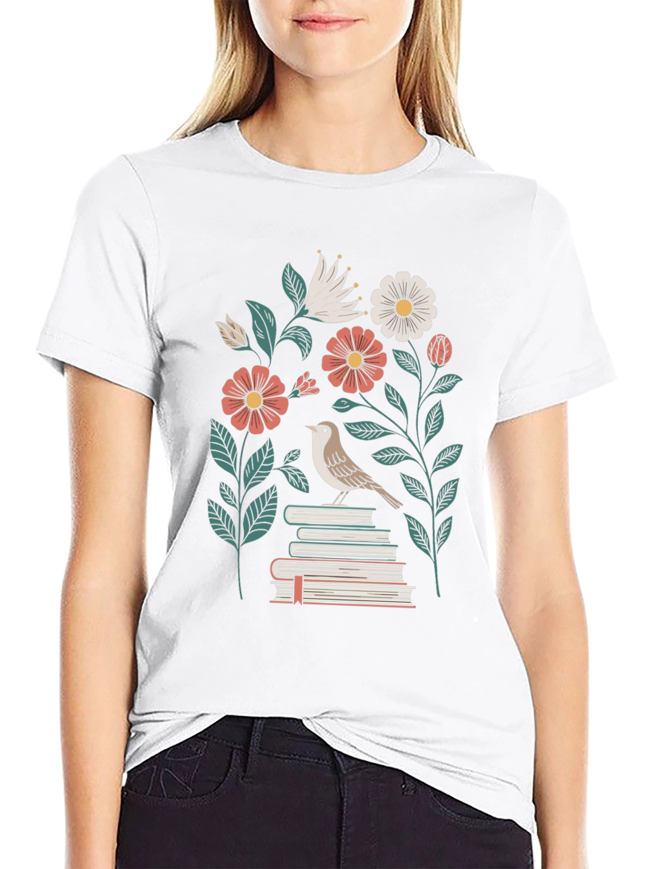 Floral Bird on Books Graphic Tee