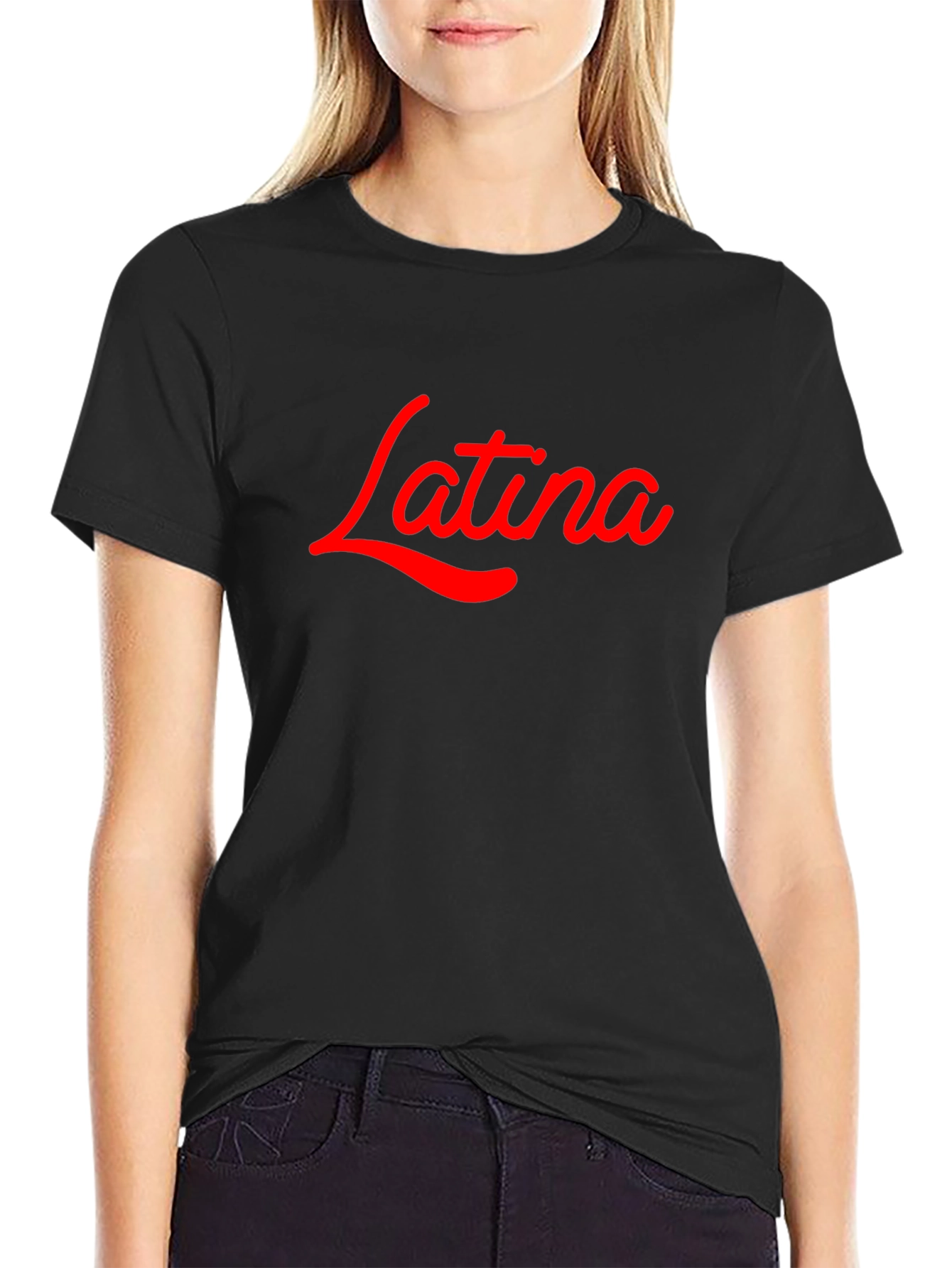 Latina Script Tee - Bold Red Design on Black