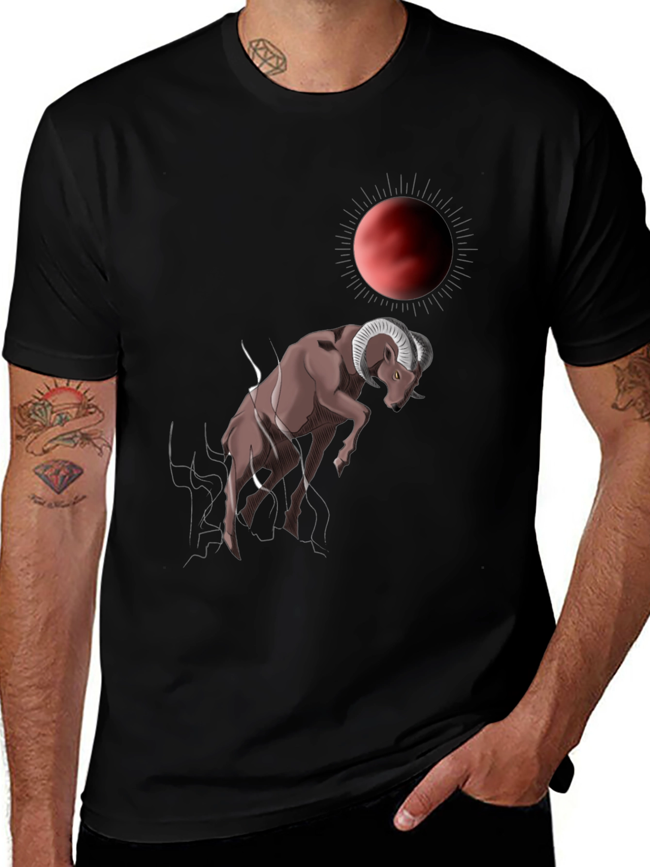 Ram Under Red Moon Graphic Tee - Trendy Mens T-Shirt