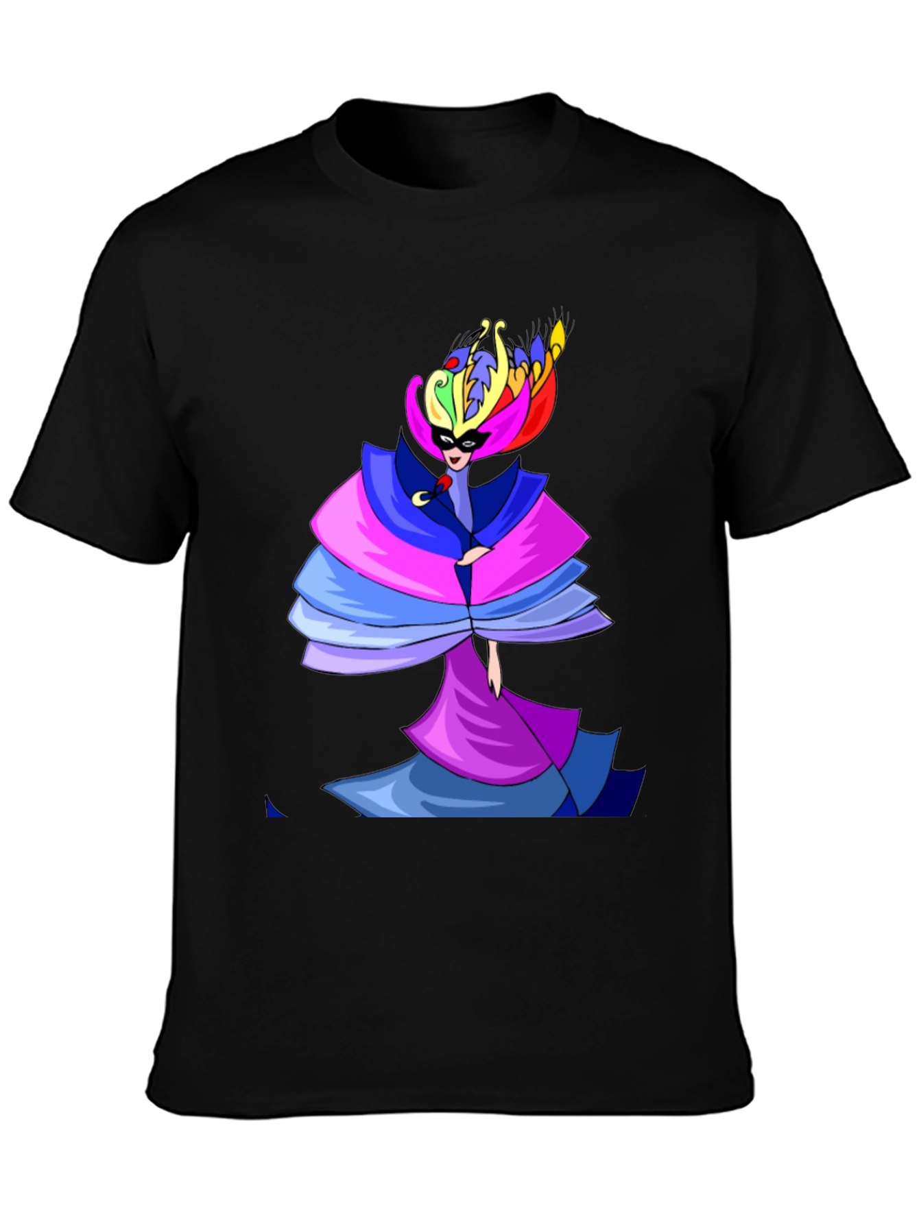 Mens Black T-Shirt w/ Colorful Carnival Costume Design