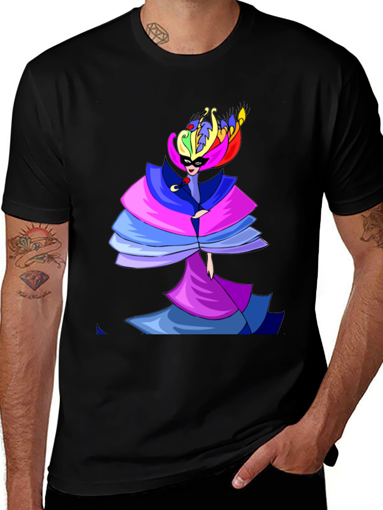 Mens Black T-Shirt w/ Colorful Carnival Costume Design