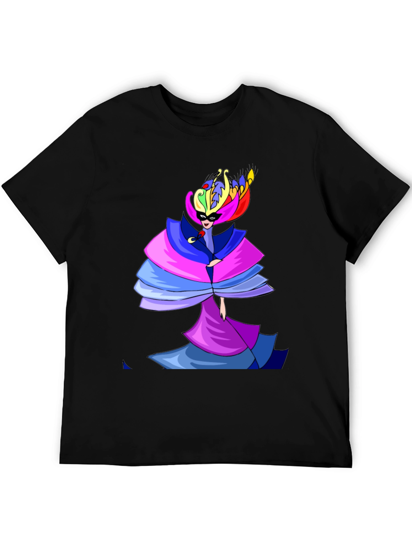 Mens Black T-Shirt w/ Colorful Carnival Costume Design