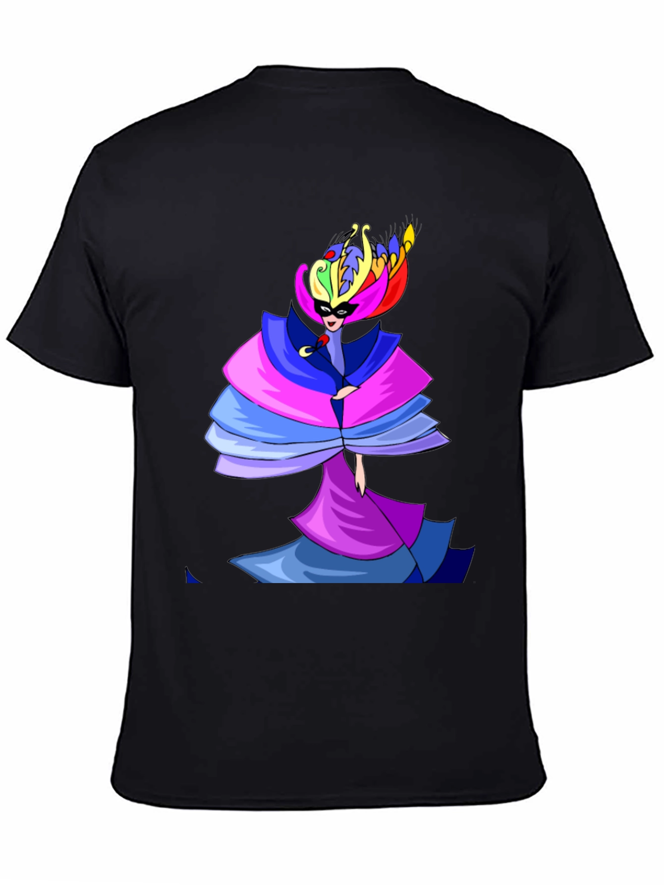 Mens Black T-Shirt w/ Colorful Carnival Costume Design