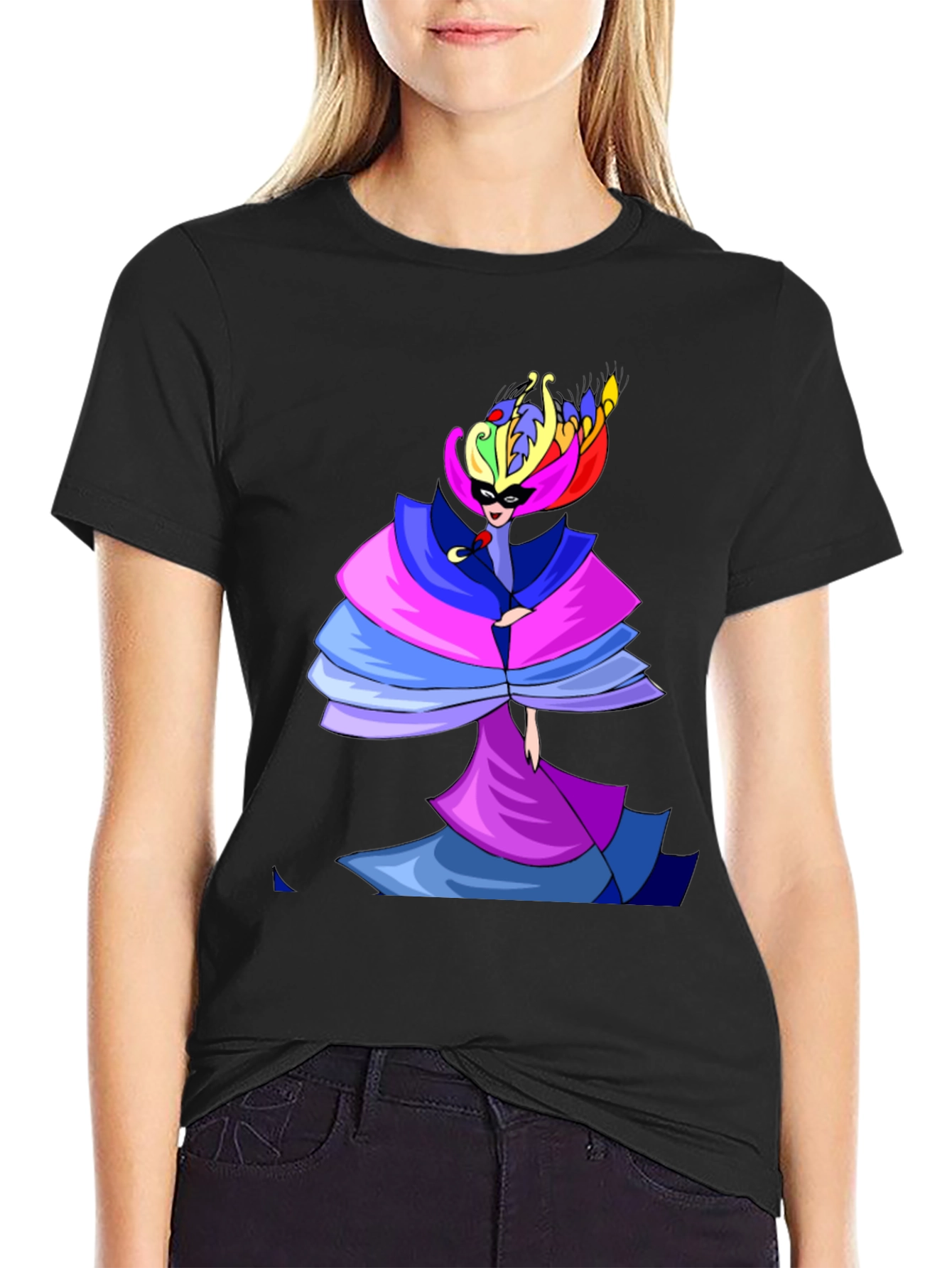 Mens Black T-Shirt w/ Colorful Carnival Costume Design