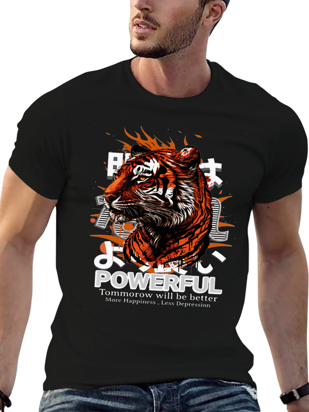 Powerful Tiger Graphic Print Black T-Shirt