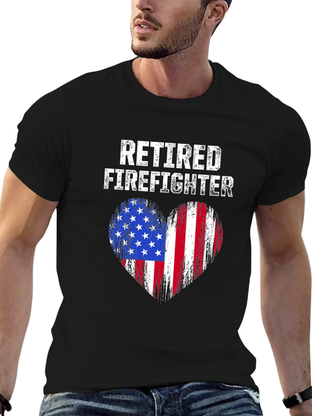 Retired Firefighter American Flag Heart T-Shirt