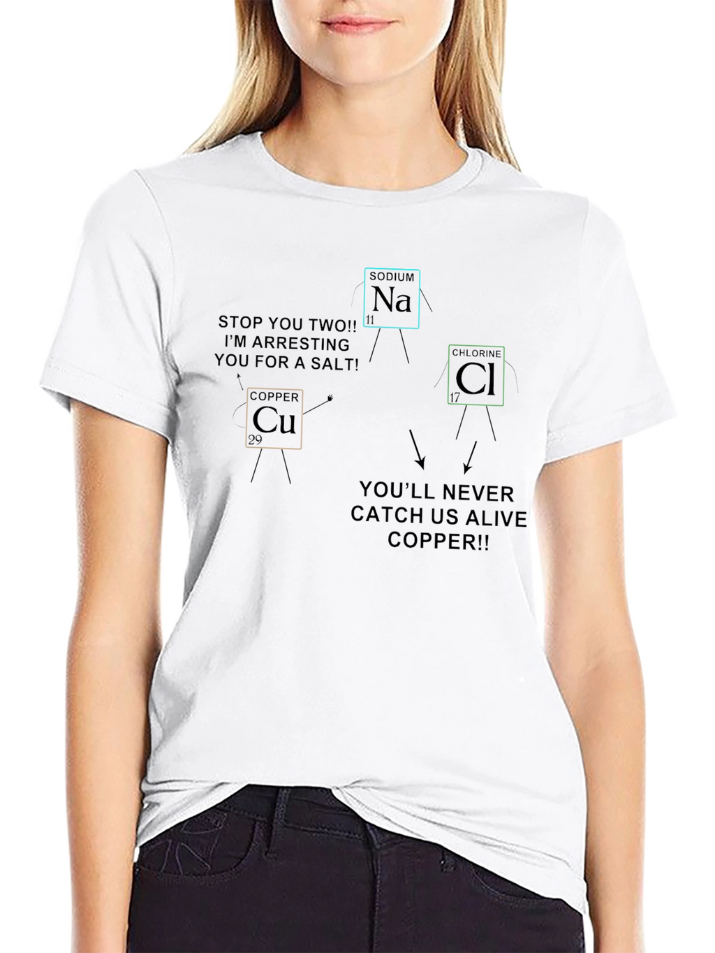 Funny Chemistry T-Shirt: Copper Arresting Sodium & Chlorine!