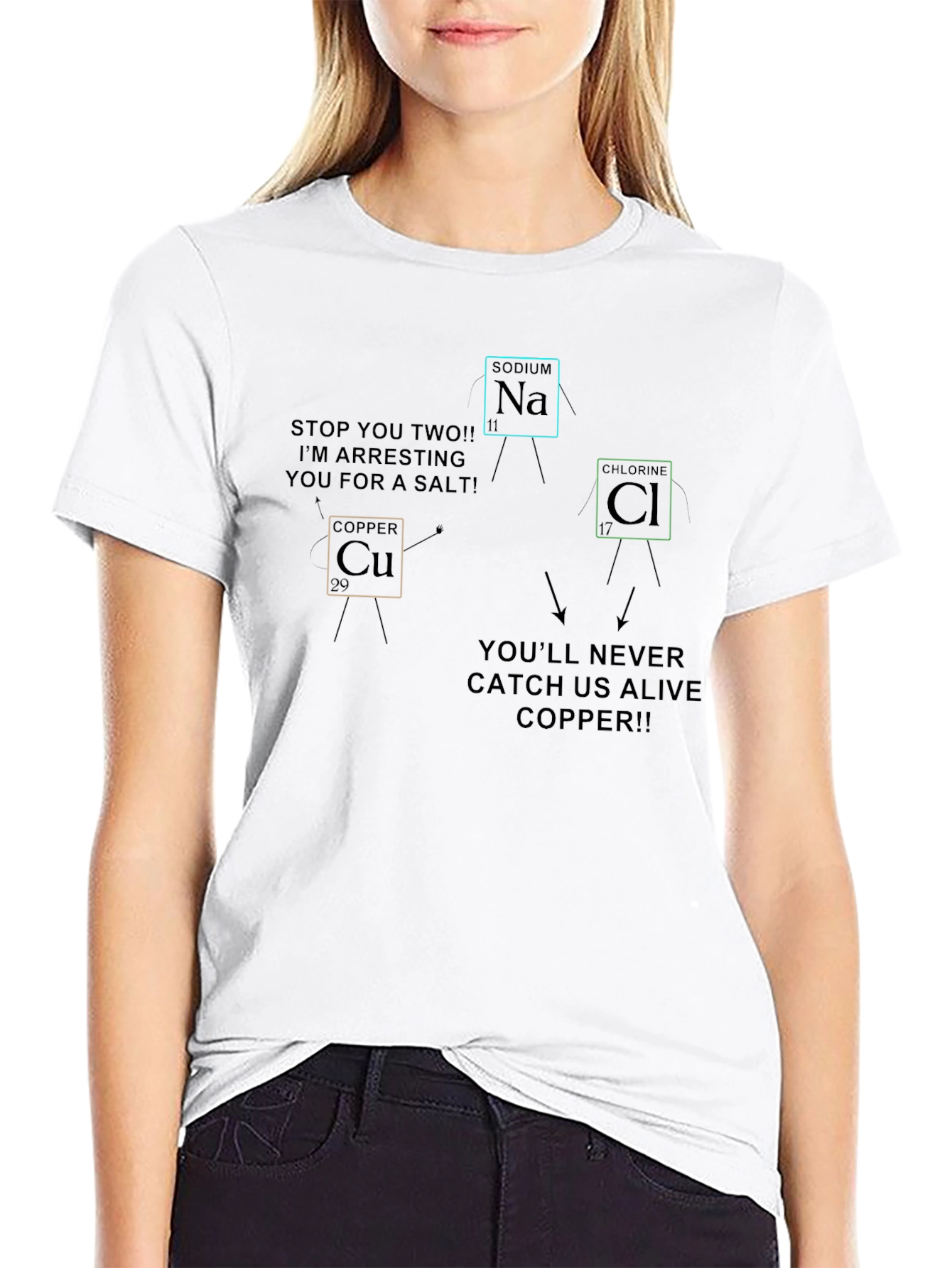 Funny Chemistry T-Shirt: Copper Arresting Sodium & Chlorine!