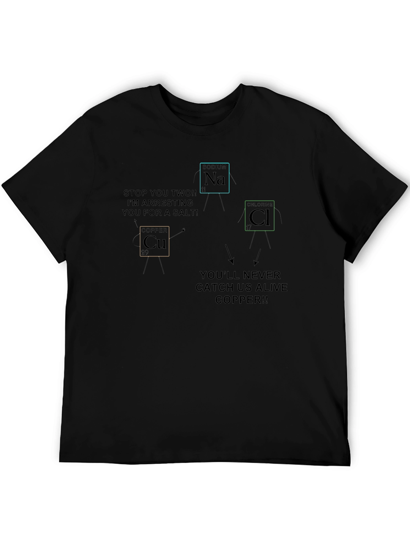 Funny Chemistry T-Shirt: Copper Arresting Sodium & Chlorine!