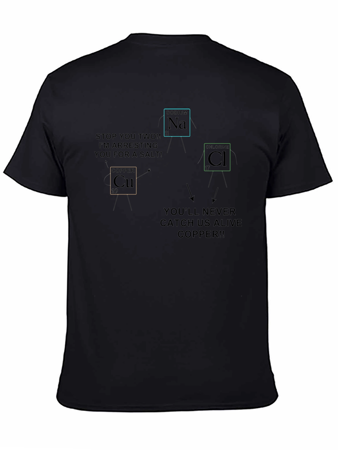 Funny Chemistry T-Shirt: Copper Arresting Sodium & Chlorine!
