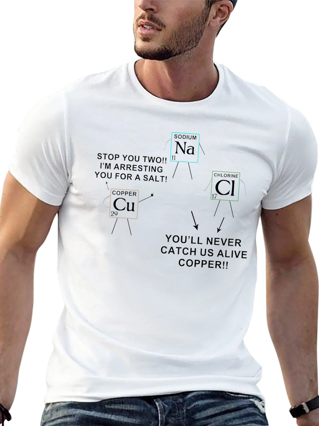 Funny Chemistry T-Shirt: Copper Arresting Sodium & Chlorine!
