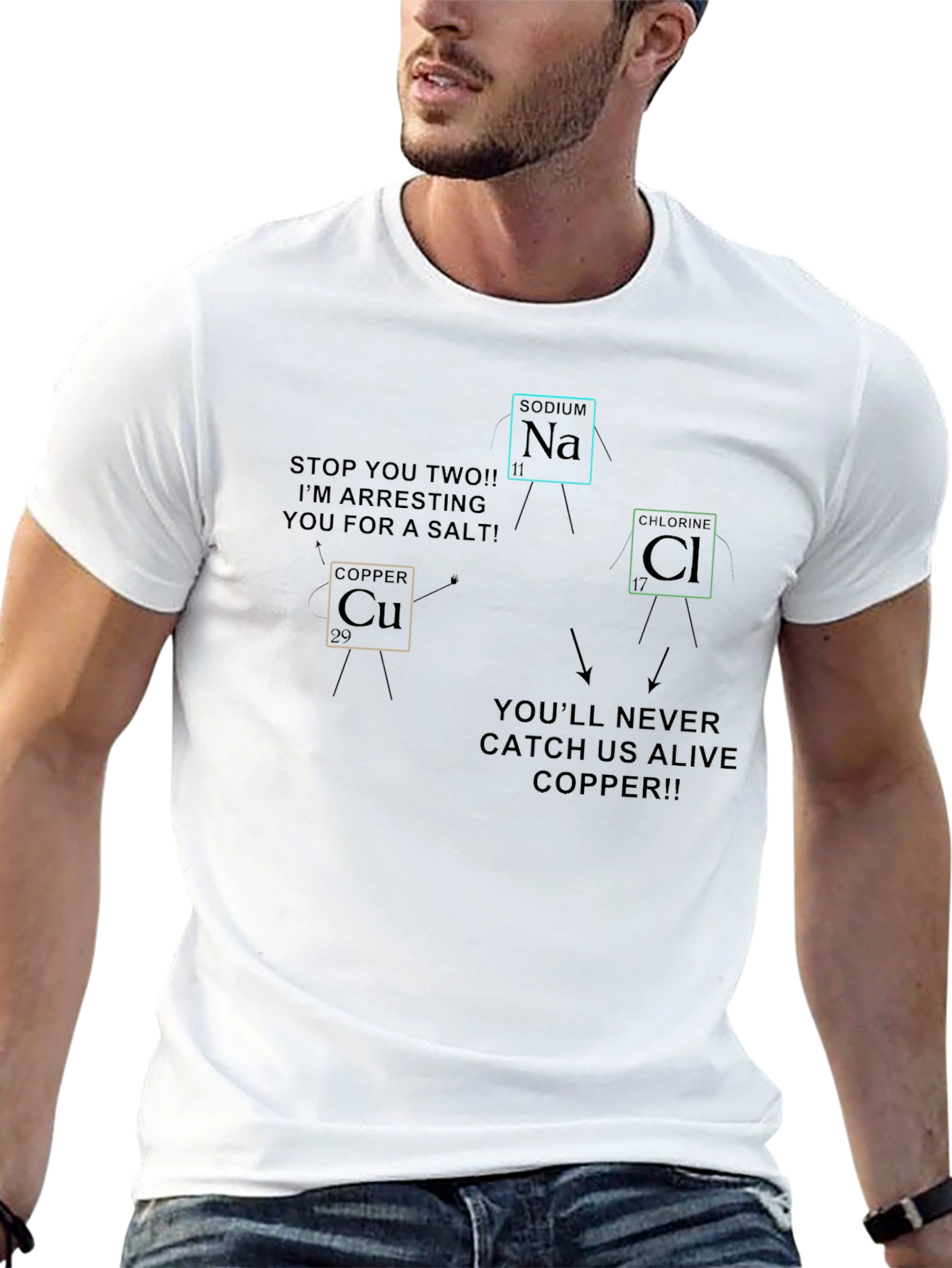 Funny Chemistry T-Shirt: Copper Arresting Sodium & Chlorine!