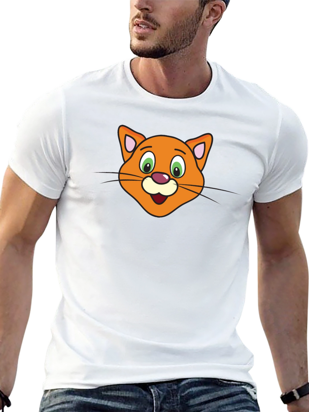 Cartoon Cat Face Black T-Shirt