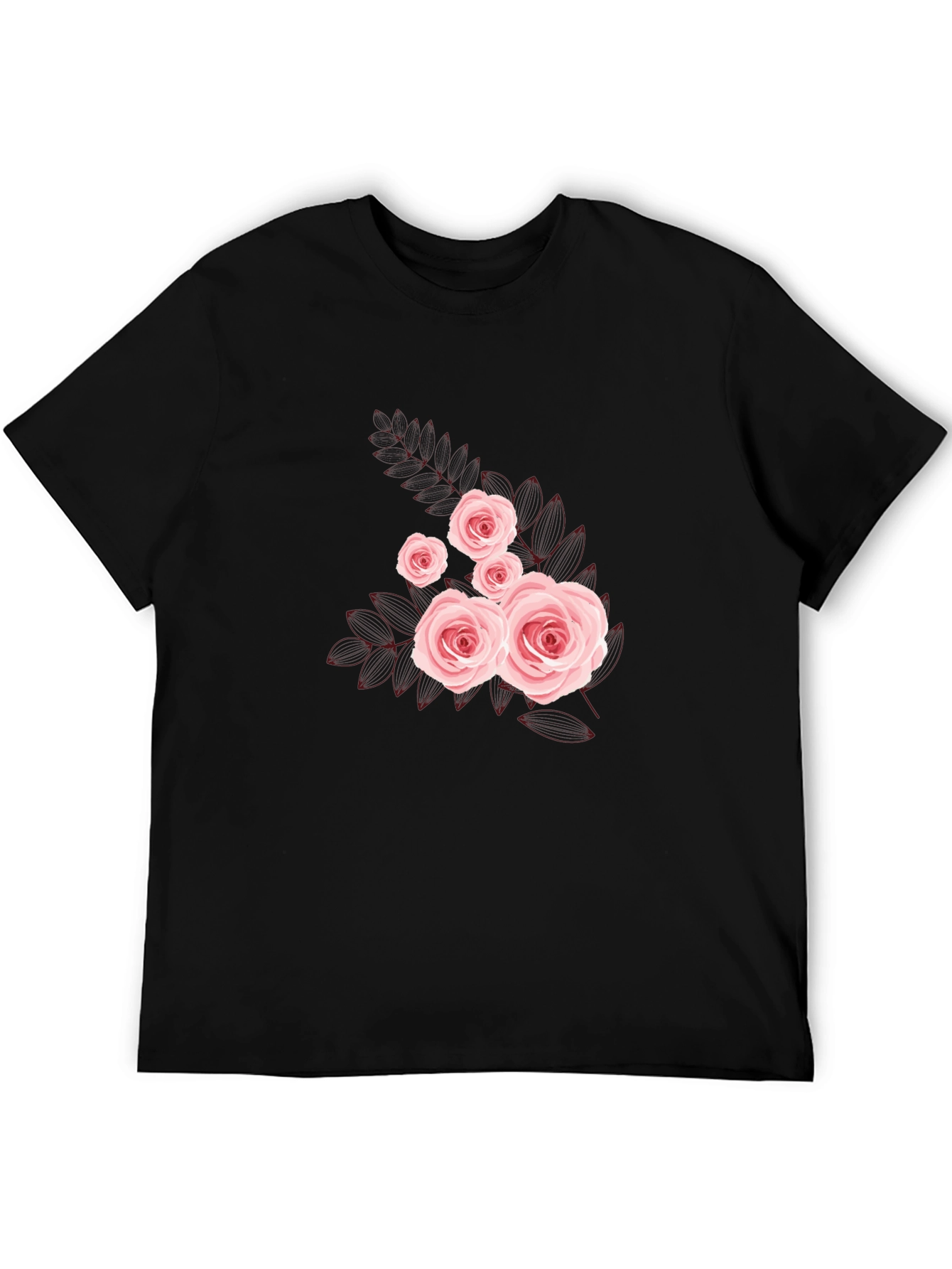 Floral Rose Graphic Tee - Black Cotton Casual Shirt