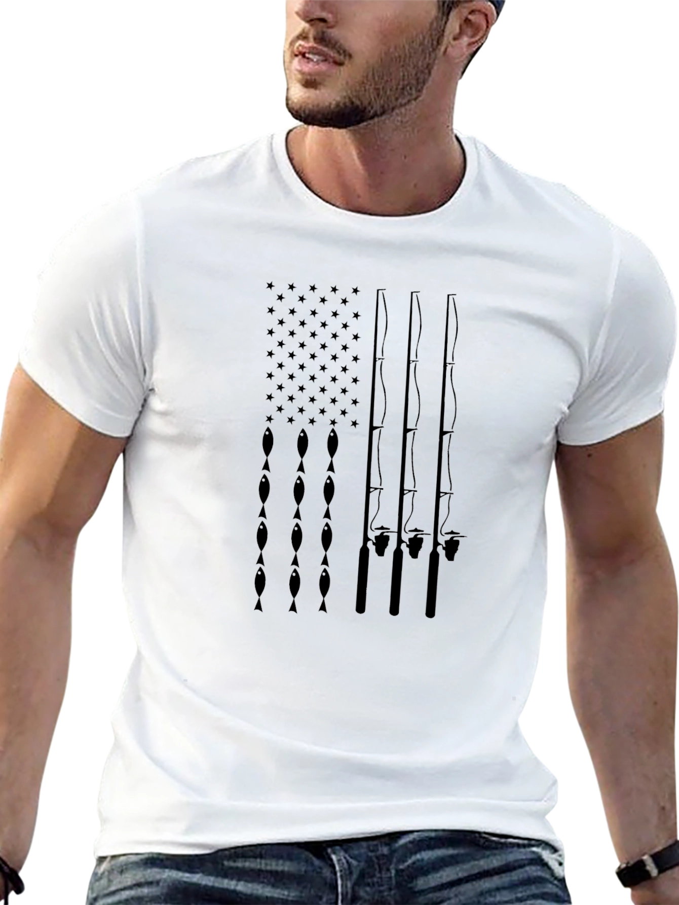Fishing Rod American Flag Graphic T-Shirt