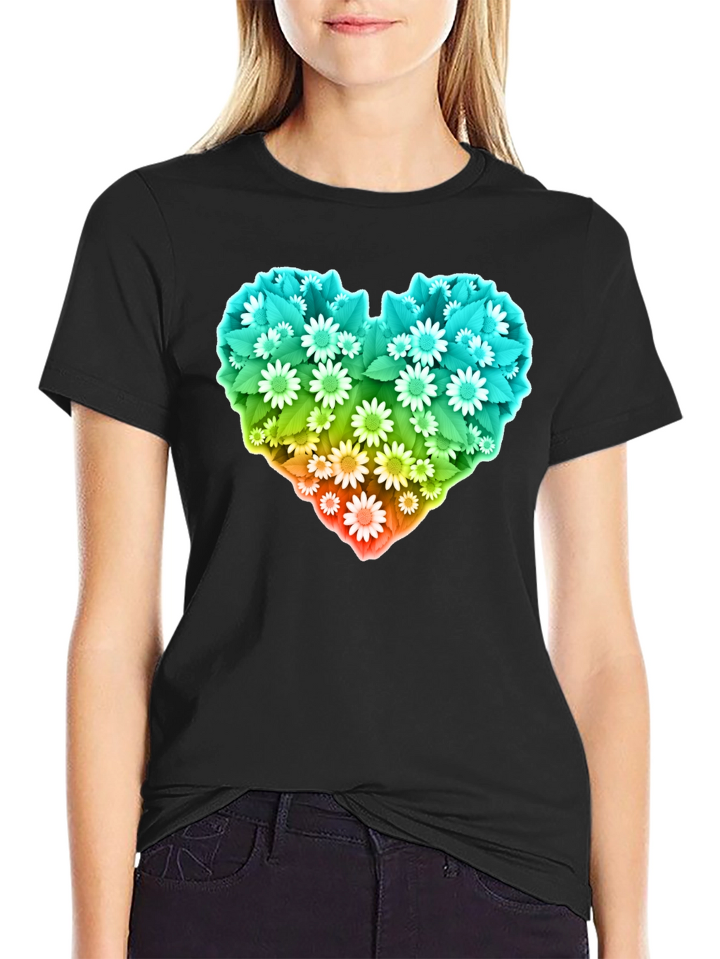 Floral Heart Graphic T-Shirt - Black